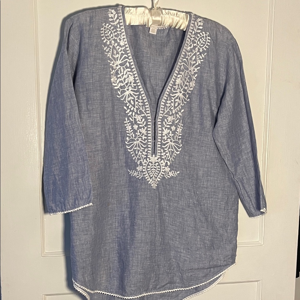 Saks Fifth Avenue Light Blue Linen Tunic with White Embroidery